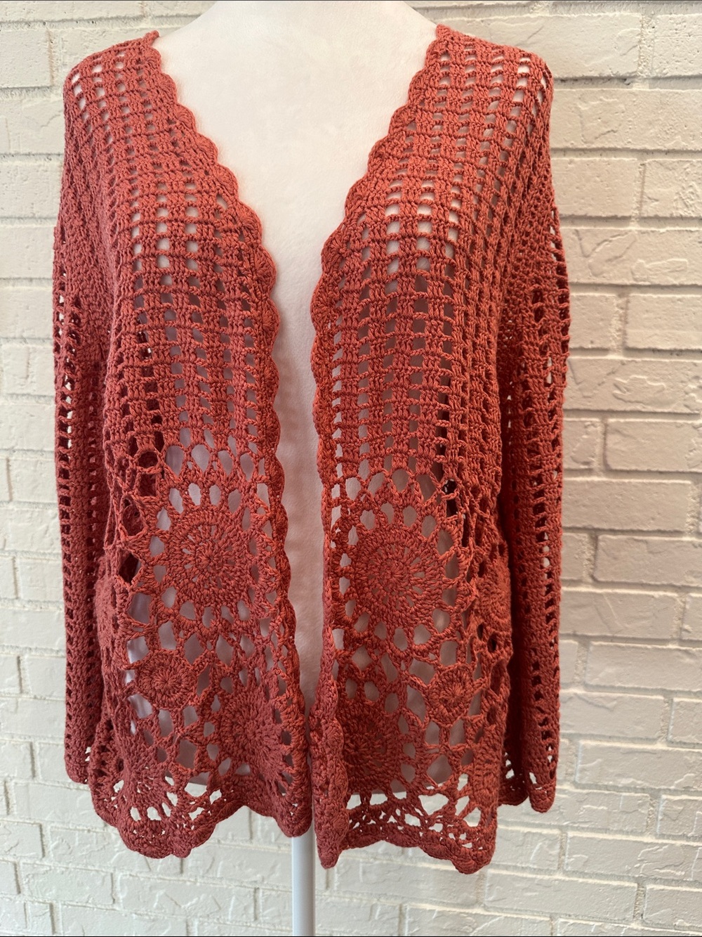 Open-Front Crochet Cardigan Sweater - Coral